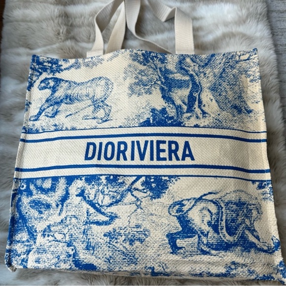 NWT CHRISTIAN DIOR DIORIVIERA BLUE NOVELTY STRAW TOTE BAG - Picture 2 of 8